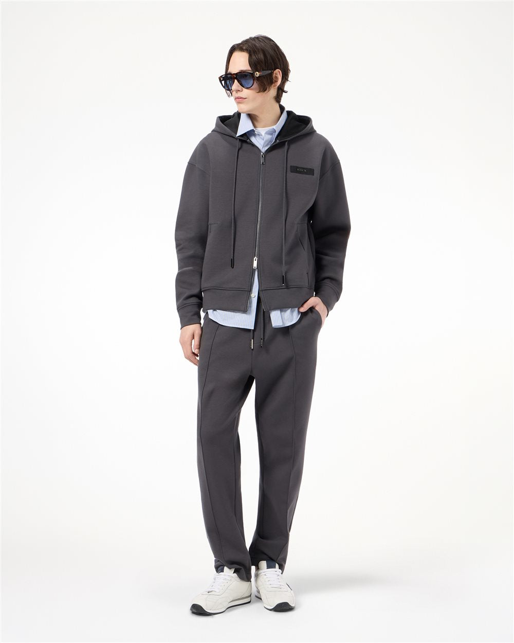 Felpa hoodie zippata in neoprene tecnico con zip grigio e verde scuro